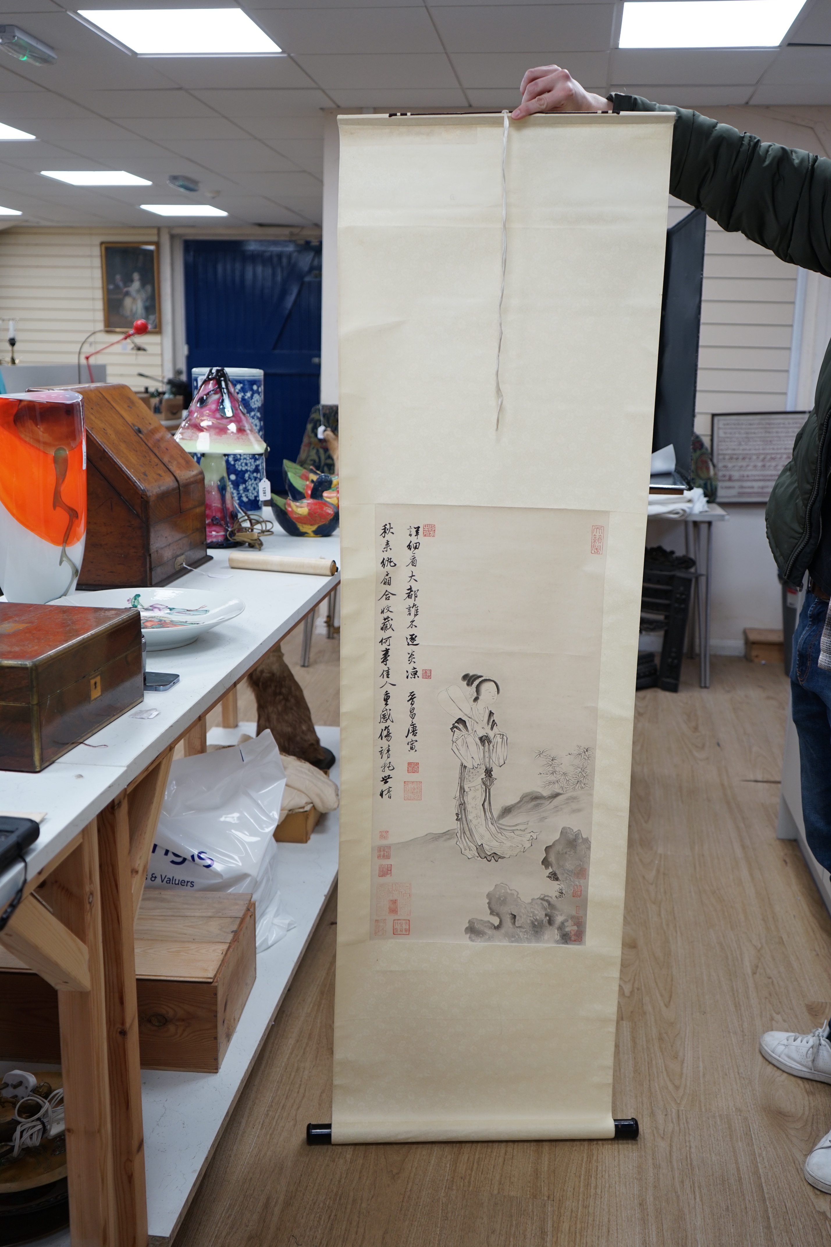 Two Chinese painted scrolls, one on silk, a female wearing a kimono and a landscape